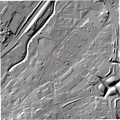 Shaded relief map of the ground around BS50QZ, computed from Environment Agency LiDAR. The ground here sits at about 12 m above sea level and falls 16 m across the surrounding 800 m. Surface water reaching this point runs off ground lying to the south-south-west, 10.3 m higher.