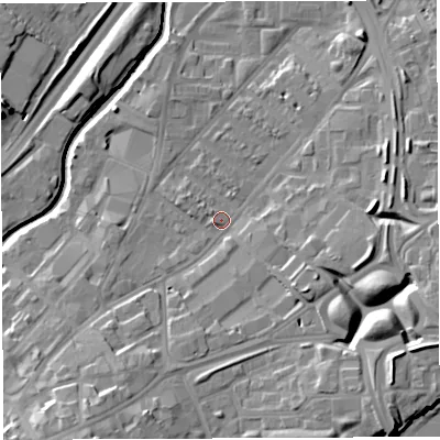 Shaded relief map of the ground around BS50RA, computed from Environment Agency LiDAR. The ground here sits at about 12 m above sea level and falls 16 m across the surrounding 800 m. Surface water reaching this point runs off ground lying to the east-south-east, 11.0 m higher.