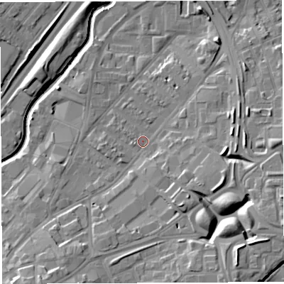 Shaded relief map of the ground around BS50RB, computed from Environment Agency LiDAR. The ground here sits at about 12 m above sea level and falls 16 m across the surrounding 800 m. Surface water reaching this point runs off ground lying to the south-east, 10.6 m higher.