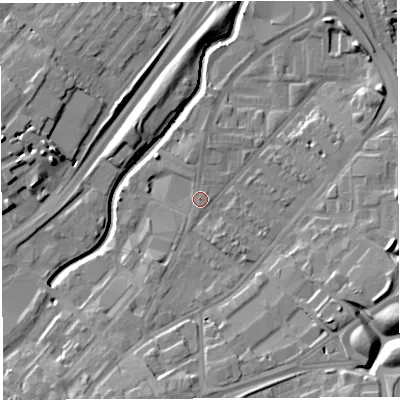 Shaded relief map of the ground around BS50SN, computed from Environment Agency LiDAR. The ground here sits at about 12 m above sea level and falls 15 m across the surrounding 800 m. Surface water reaching this point runs off ground lying to the north, 1.2 m higher.