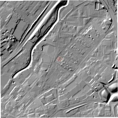 Shaded relief map of the ground around BS50SR, computed from Environment Agency LiDAR. The ground here sits at about 11 m above sea level and falls 15 m across the surrounding 800 m. Surface water reaching this point runs off ground lying to the east, 7.8 m higher.