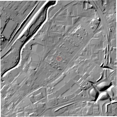 Shaded relief map of the ground around BS50SS, computed from Environment Agency LiDAR. The ground here sits at about 12 m above sea level and falls 16 m across the surrounding 800 m. Surface water reaching this point runs off ground lying to the south-south-west, 1.8 m higher.