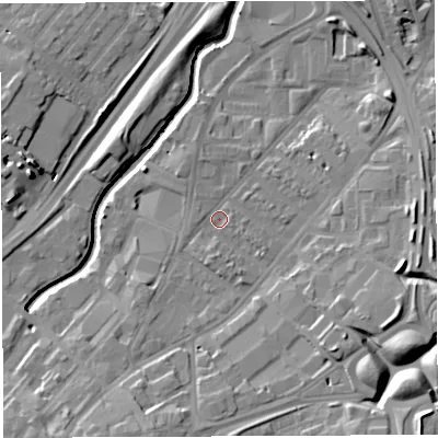 Shaded relief map of the ground around BS50ST, computed from Environment Agency LiDAR. The ground here sits at about 11 m above sea level and falls 16 m across the surrounding 800 m. Surface water reaching this point runs off ground lying to the east, 7.9 m higher.