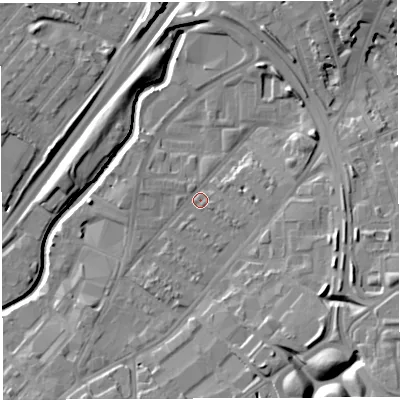 Shaded relief map of the ground around BS50SZ, computed from Environment Agency LiDAR. The ground here sits at about 12 m above sea level and falls 15 m across the surrounding 800 m. Surface water reaching this point runs off ground lying to the east, 2.6 m higher.