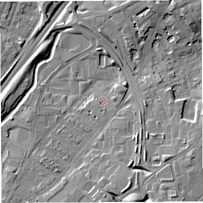 Shaded relief map of the ground around BS50TD, computed from Environment Agency LiDAR. The ground here sits at about 13 m above sea level and falls 16 m across the surrounding 800 m. Surface water reaching this point runs off ground lying to the south-south-east, 2.6 m higher.