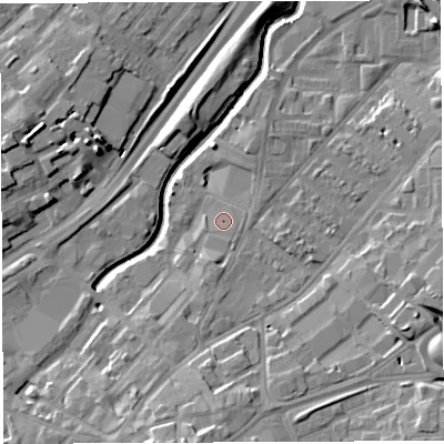 Shaded relief map of the ground around BS50TG, computed from Environment Agency LiDAR. The ground here sits at about 10 m above sea level and falls 14 m across the surrounding 800 m. Surface water reaching this point runs off ground lying to the east-south-east, 1.3 m higher.