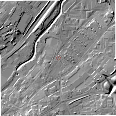 Shaded relief map of the ground around BS50TH, computed from Environment Agency LiDAR. The ground here sits at about 11 m above sea level and falls 15 m across the surrounding 800 m. Surface water reaching this point runs off ground lying to the south-south-west, 10.7 m higher.