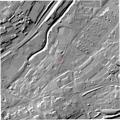 Shaded relief map of the ground around BS50TJ, computed from Environment Agency LiDAR. The ground here sits at about 12 m above sea level and falls 18 m across the surrounding 800 m. Surface water reaching this point runs off ground lying to the south-south-west, 2.4 m higher.