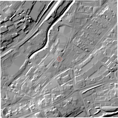 Shaded relief map of the ground around BS50TN, computed from Environment Agency LiDAR. The ground here sits at about 13 m above sea level and falls 18 m across the surrounding 800 m. Surface water reaching this point runs off ground lying to the south-south-west, 2.1 m higher.