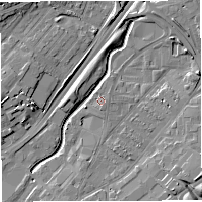 Shaded relief map of the ground around BS50TQ, computed from Environment Agency LiDAR. The ground here sits at about 12 m above sea level and falls 14 m across the surrounding 800 m. Surface water reaching this point runs off ground lying to the north-east, 2.1 m higher.