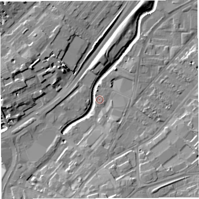 Shaded relief map of the ground around BS50TS, computed from Environment Agency LiDAR. The ground here sits at about 10 m above sea level and falls 14 m across the surrounding 800 m. Surface water reaching this point runs off ground lying to the south, 13.5 m higher.