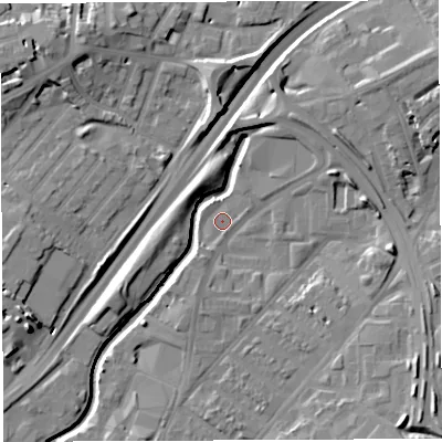 Shaded relief map of the ground around BS50TT, computed from Environment Agency LiDAR. The ground here sits at about 10 m above sea level and falls 14 m across the surrounding 800 m. Surface water reaching this point runs off ground lying to the south-east, 10.1 m higher.