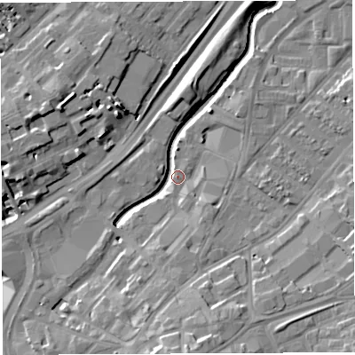 Shaded relief map of the ground around BS50TW, computed from Environment Agency LiDAR. The ground here sits at about 10 m above sea level and falls 15 m across the surrounding 800 m. Surface water reaching this point runs off ground lying to the south, 14.6 m higher.