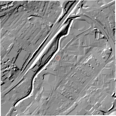 Shaded relief map of the ground around BS50TX, computed from Environment Agency LiDAR. The ground here sits at about 12 m above sea level and falls 15 m across the surrounding 800 m. Surface water reaching this point runs off ground lying to the south-south-east, 0.8 m higher.
