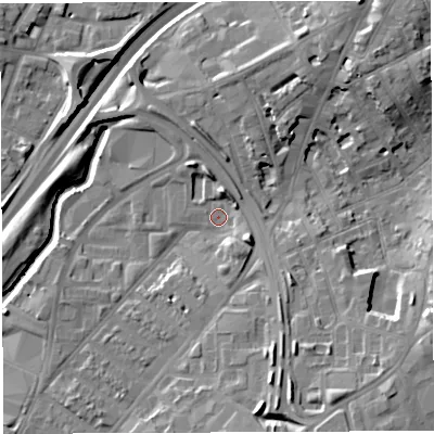 Shaded relief map of the ground around BS50UG, computed from Environment Agency LiDAR. The ground here sits at about 12 m above sea level and falls 14 m across the surrounding 800 m. Surface water reaching this point runs off ground lying to the south-east, 10.1 m higher.