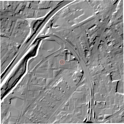 Shaded relief map of the ground around BS50UP, computed from Environment Agency LiDAR. The ground here sits at about 12 m above sea level and falls 15 m across the surrounding 800 m. Surface water reaching this point runs off ground lying to the north-north-east, 4.6 m higher.