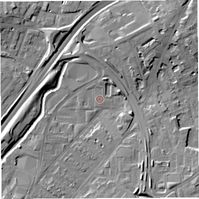Shaded relief map of the ground around BS50UR, computed from Environment Agency LiDAR. The ground here sits at about 12 m above sea level and falls 15 m across the surrounding 800 m. Surface water reaching this point runs off ground lying to the west-north-west, 0.6 m higher.