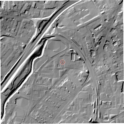 Shaded relief map of the ground around BS50US, computed from Environment Agency LiDAR. The ground here sits at about 11 m above sea level and falls 14 m across the surrounding 800 m. Surface water reaching this point runs off ground lying to the north-north-east, 1.7 m higher.
