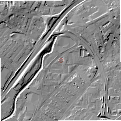 Shaded relief map of the ground around BS50UT, computed from Environment Agency LiDAR. The ground here sits at about 11 m above sea level and falls 14 m across the surrounding 800 m. Surface water reaching this point runs off ground lying to the north-north-east, 5.3 m higher.