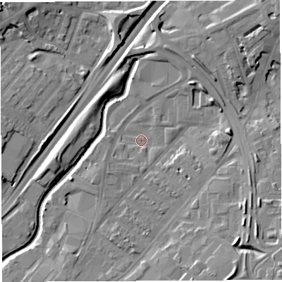 Shaded relief map of the ground around BS50UU, computed from Environment Agency LiDAR. The ground here sits at about 10 m above sea level and falls 14 m across the surrounding 800 m. Surface water reaching this point runs off ground lying to the south-east, 10.0 m higher.