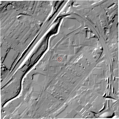 Shaded relief map of the ground around BS50UY, computed from Environment Agency LiDAR. The ground here sits at about 11 m above sea level and falls 15 m across the surrounding 800 m. Surface water reaching this point runs off ground lying to the west, 2.0 m higher.