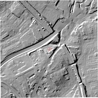Shaded relief map of the ground around BS50YA, computed from Environment Agency LiDAR. The ground here sits at about 16 m above sea level and falls 15 m across the surrounding 800 m. Surface water reaching this point runs off ground lying to the south-east, 4.7 m higher.