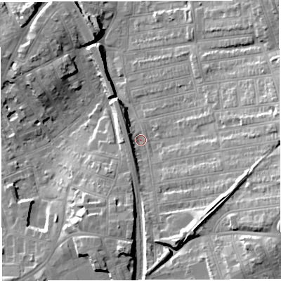 Shaded relief map of the ground around BS56AS, computed from Environment Agency LiDAR. The ground here sits at about 14 m above sea level and falls 24 m across the surrounding 800 m. Surface water reaching this point runs off ground lying to the east-south-east, 19.7 m higher.