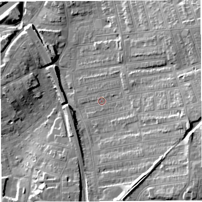 Shaded relief map of the ground around BS56DB, computed from Environment Agency LiDAR. The ground here sits at about 16 m above sea level and falls 28 m across the surrounding 800 m. Surface water reaching this point runs off ground lying to the east, 19.8 m higher.