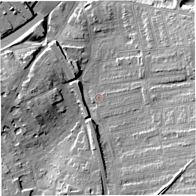 Shaded relief map of the ground around BS56DH, computed from Environment Agency LiDAR. The ground here sits at about 13 m above sea level and falls 23 m across the surrounding 800 m. Surface water reaching this point runs off ground lying to the east, 7.1 m higher.