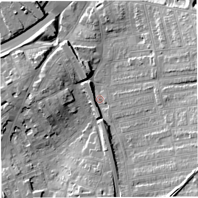 Shaded relief map of the ground around BS56DJ, computed from Environment Agency LiDAR. The ground here sits at about 12 m above sea level and falls 20 m across the surrounding 800 m. Surface water reaching this point runs off ground lying to the east-north-east, 16.2 m higher.