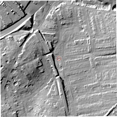 Shaded relief map of the ground around BS56DL, computed from Environment Agency LiDAR. The ground here sits at about 12 m above sea level and falls 20 m across the surrounding 800 m. Surface water reaching this point runs off ground lying to the east-north-east, 16.3 m higher.