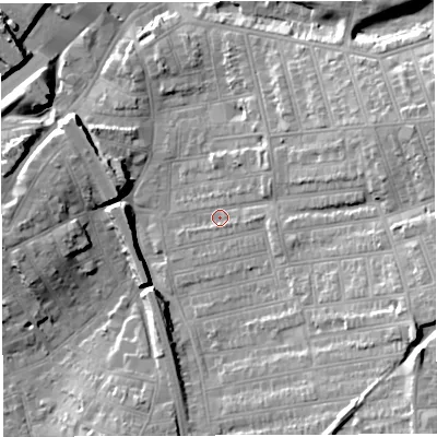 Shaded relief map of the ground around BS56DN, computed from Environment Agency LiDAR. The ground here sits at about 15 m above sea level and falls 28 m across the surrounding 800 m. Surface water reaching this point runs off ground lying to the east-south-east, 19.1 m higher.