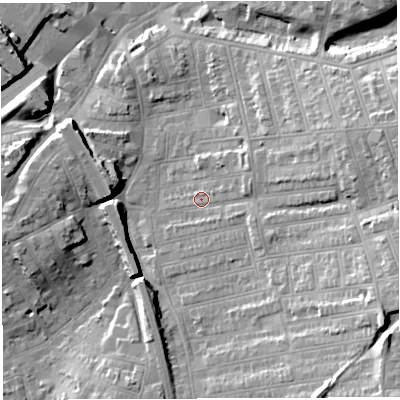 Shaded relief map of the ground around BS56DW, computed from Environment Agency LiDAR. The ground here sits at about 15 m above sea level and falls 28 m across the surrounding 800 m. Surface water reaching this point runs off ground lying to the east-south-east, 18.8 m higher.