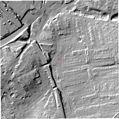 Shaded relief map of the ground around BS56DZ, computed from Environment Agency LiDAR. The ground here sits at about 13 m above sea level and falls 22 m across the surrounding 800 m. Surface water reaching this point runs off ground lying to the east-north-east, 8.0 m higher.