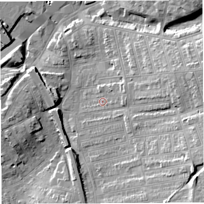 Shaded relief map of the ground around BS56ET, computed from Environment Agency LiDAR. The ground here sits at about 15 m above sea level and falls 29 m across the surrounding 800 m. Surface water reaching this point runs off ground lying to the east-north-east, 6.0 m higher.