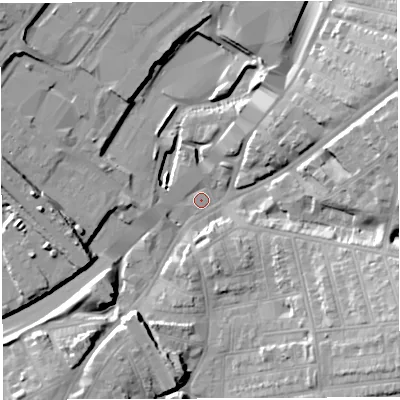 Shaded relief map of the ground around BS56FW, computed from Environment Agency LiDAR. The ground here sits at about 10 m above sea level and falls 20 m across the surrounding 800 m. Surface water reaching this point runs off ground lying to the south-east, 20.0 m higher.