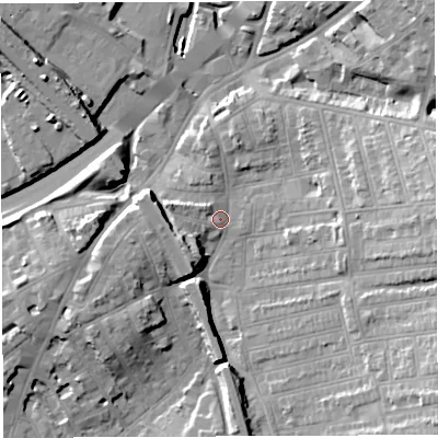 Shaded relief map of the ground around BS56HX, computed from Environment Agency LiDAR. The ground here sits at about 13 m above sea level and falls 20 m across the surrounding 800 m. Surface water reaching this point runs off ground lying to the west-south-west, 7.0 m higher.