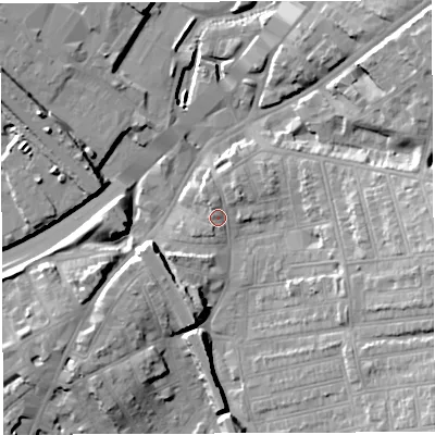 Shaded relief map of the ground around BS56HY, computed from Environment Agency LiDAR. The ground here sits at about 14 m above sea level and falls 20 m across the surrounding 800 m. Surface water reaching this point runs off ground lying to the north-east, 2.8 m higher.