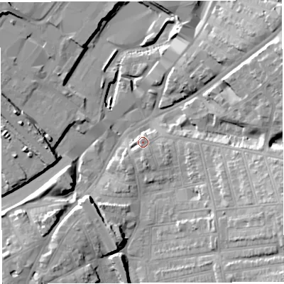 Shaded relief map of the ground around BS56HZ, computed from Environment Agency LiDAR. The ground here sits at about 15 m above sea level and falls 21 m across the surrounding 800 m. Surface water reaching this point runs off ground lying to the east-south-east, 19.2 m higher.