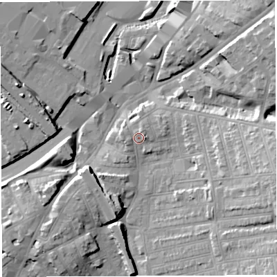 Shaded relief map of the ground around BS56JD, computed from Environment Agency LiDAR. The ground here sits at about 15 m above sea level and falls 21 m across the surrounding 800 m. Surface water reaching this point runs off ground lying to the east, 2.2 m higher.