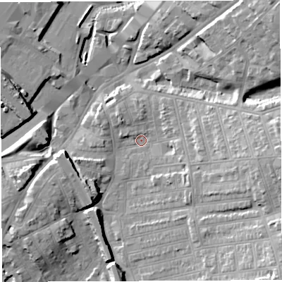Shaded relief map of the ground around BS56JF, computed from Environment Agency LiDAR. The ground here sits at about 13 m above sea level and falls 26 m across the surrounding 800 m. Surface water reaching this point runs off ground lying to the east-south-east, 6.3 m higher.