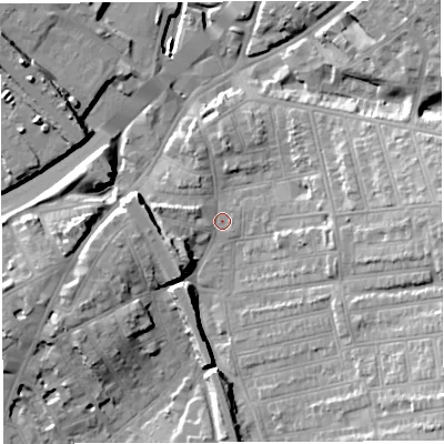 Shaded relief map of the ground around BS56JH, computed from Environment Agency LiDAR. The ground here sits at about 13 m above sea level and falls 22 m across the surrounding 800 m. Surface water reaching this point runs off ground lying to the west-south-west, 7.0 m higher.