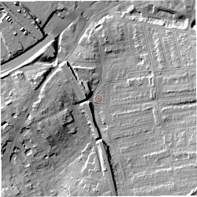 Shaded relief map of the ground around BS56JQ, computed from Environment Agency LiDAR. The ground here sits at about 13 m above sea level and falls 21 m across the surrounding 800 m. Surface water reaching this point runs off ground lying to the east-north-east, 9.4 m higher.