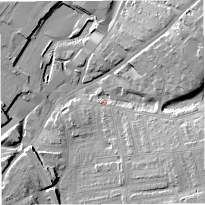 Shaded relief map of the ground around BS56JZ, computed from Environment Agency LiDAR. The ground here sits at about 15 m above sea level and falls 25 m across the surrounding 800 m. Surface water reaching this point runs off ground lying to the east-south-east, 16.5 m higher.