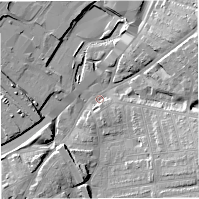 Shaded relief map of the ground around BS56NA, computed from Environment Agency LiDAR. The ground here sits at about 10 m above sea level and falls 21 m across the surrounding 800 m. Surface water reaching this point runs off ground lying to the east-south-east, 19.0 m higher.
