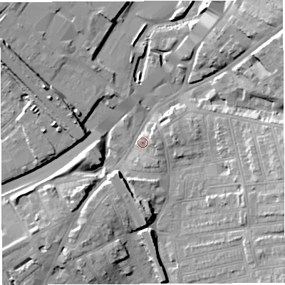 Shaded relief map of the ground around BS56NE, computed from Environment Agency LiDAR. The ground here sits at about 13 m above sea level and falls 17 m across the surrounding 800 m. Surface water reaching this point runs off ground lying to the east-south-east, 4.6 m higher.