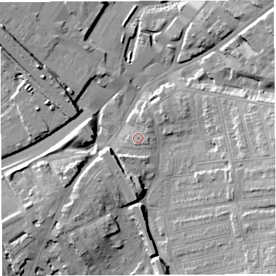 Shaded relief map of the ground around BS56NF, computed from Environment Agency LiDAR. The ground here sits at about 14 m above sea level and falls 18 m across the surrounding 800 m. Surface water reaching this point runs off ground lying to the north-north-east, 2.4 m higher.