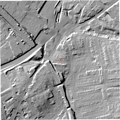 Shaded relief map of the ground around BS56NG, computed from Environment Agency LiDAR. The ground here sits at about 13 m above sea level and falls 17 m across the surrounding 800 m. Surface water reaching this point runs off ground lying to the south, 2.9 m higher.