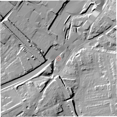 Shaded relief map of the ground around BS56NJ, computed from Environment Agency LiDAR. The ground here sits at about 10 m above sea level and falls 16 m across the surrounding 800 m. Surface water reaching this point runs off ground lying to the west-north-west, 13.2 m higher.