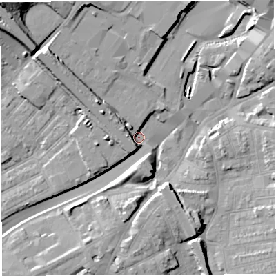 Shaded relief map of the ground around BS56NL, computed from Environment Agency LiDAR. The ground here sits at about 11 m above sea level and falls 25 m across the surrounding 800 m. Surface water reaching this point runs off ground lying to the west-north-west, 8.9 m higher.